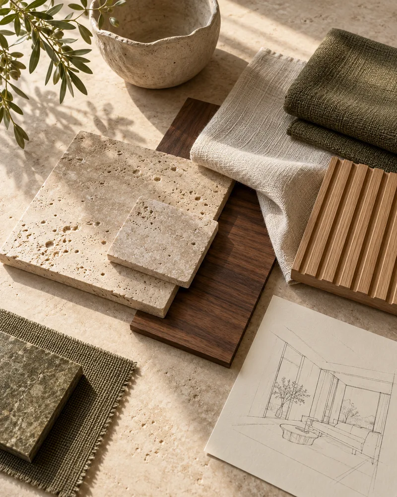 AI-generated material palette with travertine, walnut, linen, olive fabric and an interior sketch.